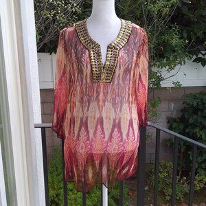 Chico's Women's Top Bohemian Size M Sheer Tunic Gold Sequin Trim Printed